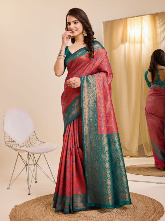 Kanjivaram Tissue Border Soft Silk Sarees (Green and Pink)