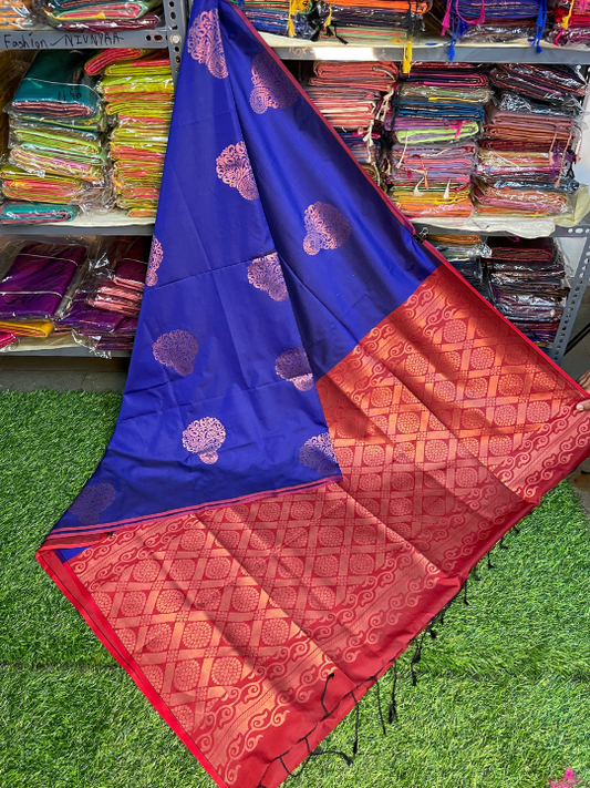 Kanjivaram Tissue Border Soft Silk Saree ( Blue & Maroon )