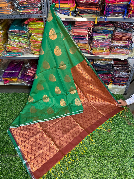 Kanjivaram Tissue Border Soft Silk Saree ( Green & Brown )