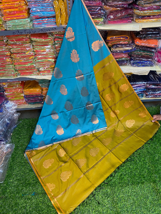 Kanjivaram Tissue Border Soft Silk Saree (Blue & Sea Green)
