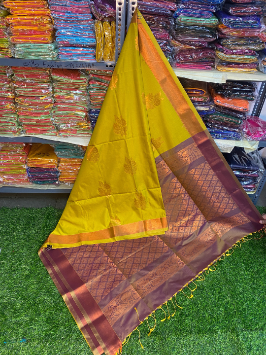 Kanjivaram Tissue Border Soft Silk Saree (Lemon Green & Brown)