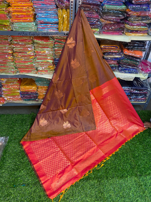 Kanjivaram Tissue Border Soft Silk Saree (Brown & Orange)