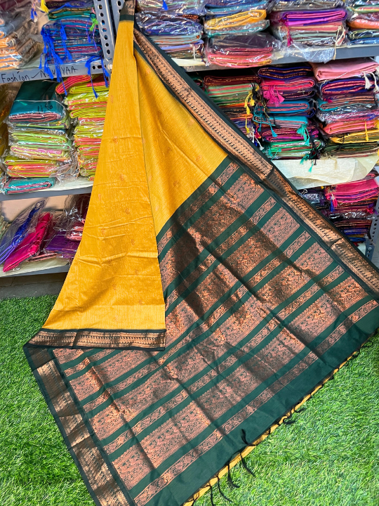 Mustred Yellow & Green Kalyani Soft Cotton Saree
