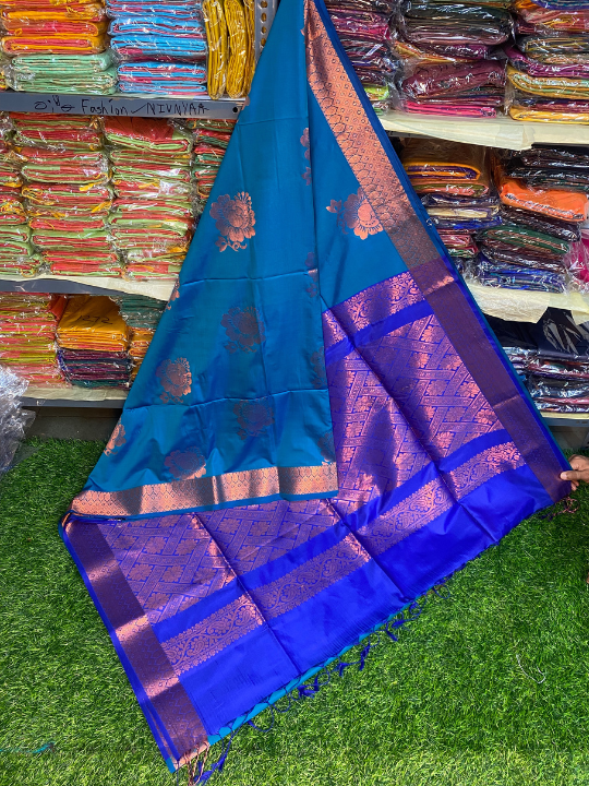 Kanjivaram Tissue Border Soft Silk Saree (Blue & Royal Blue)