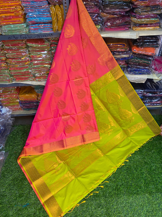Kanjivaram Tissue Border Soft Silk Saree (Pink & Green)