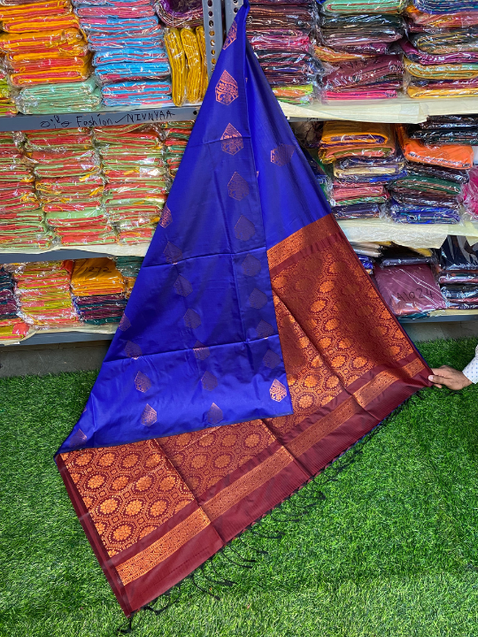 Kanjivaram Tissue Border Soft Silk Saree (Blue & Maroon)