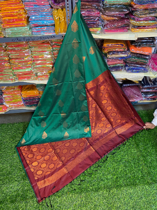 Kanjivaram Tissue Border Soft Silk Saree (Green & Brown)