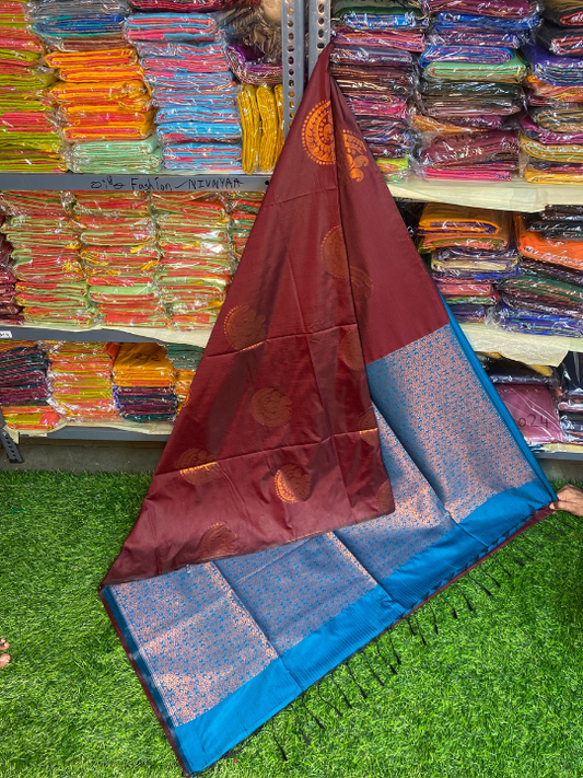 Kanjivaram Tissue Border Soft Silk Saree (Brown & Blue)