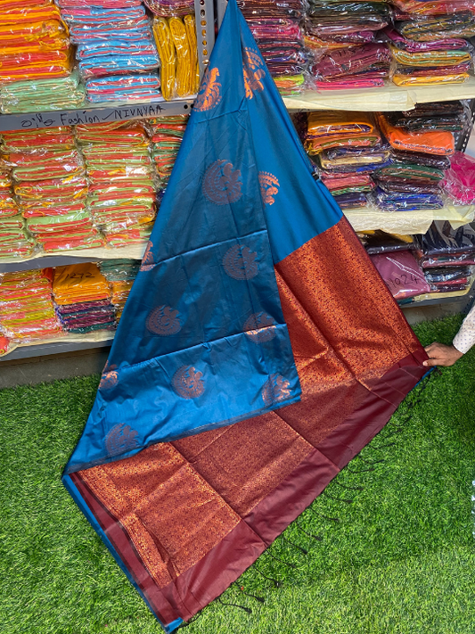 Kanjivaram Tissue Border Soft Silk Saree (Blue & Maroon)