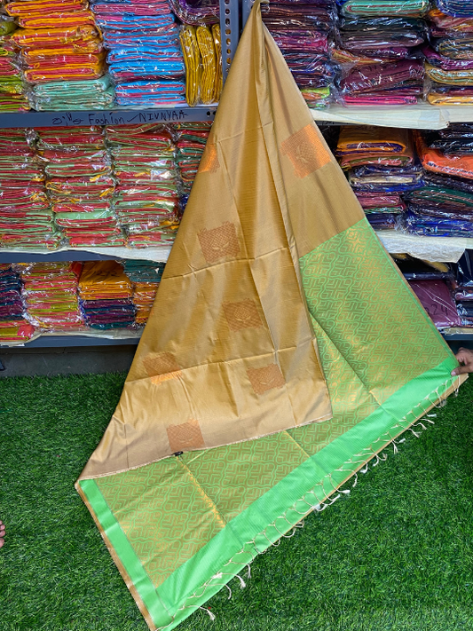 Kanjivaram Tissue Border Soft Silk Saree (Cream & Green)