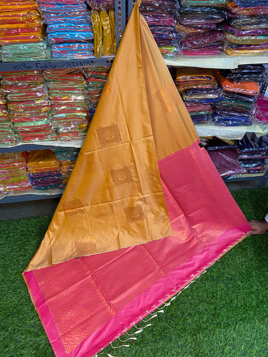 Kanjivaram Tissue Border Soft Silk Saree (Yellow & Pink)