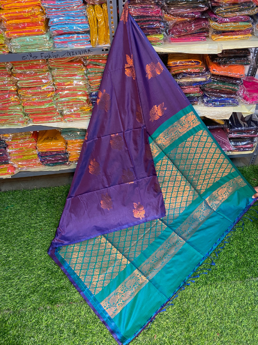 Kanjivaram Tissue Border Soft Silk Saree (Purple & Sea Green)