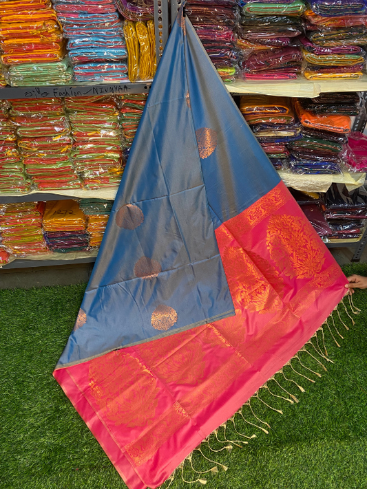 Kanjivaram Tissue Border Soft Silk Saree (Blue & Pink)