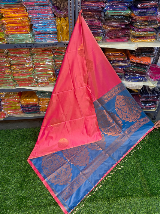 Kanjivaram Tissue Border Soft Silk Saree (Pink & Blue)