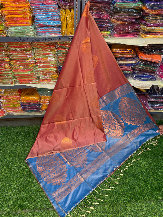 Kanjivaram Tissue Border Soft Silk Saree (Brown & Blue)