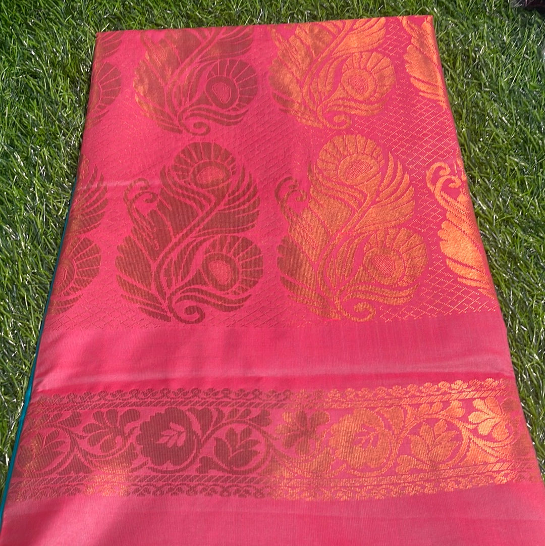 Kanjivaram Tissue Border Soft Silk Sarees (Sea Blue and Pink)