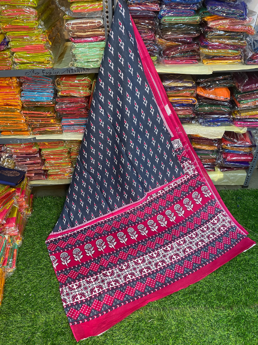 Jaipur Mul Mul Soft Cotton Saree (Dark Blue & Pink)