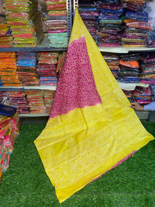 Jaipur Mul Mul Soft Cotton Saree (Yellow & Pink)