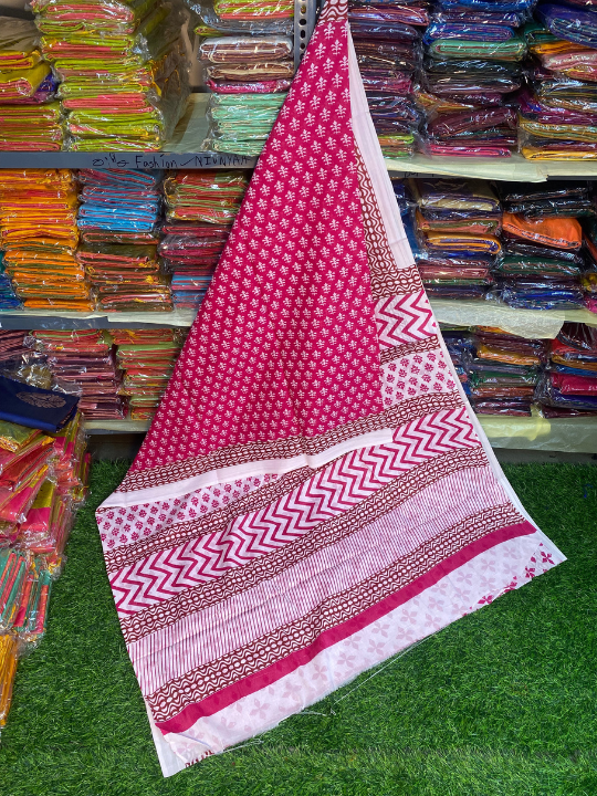 Jaipur Mul Mul Soft Cotton Saree (Dark Pink & White)