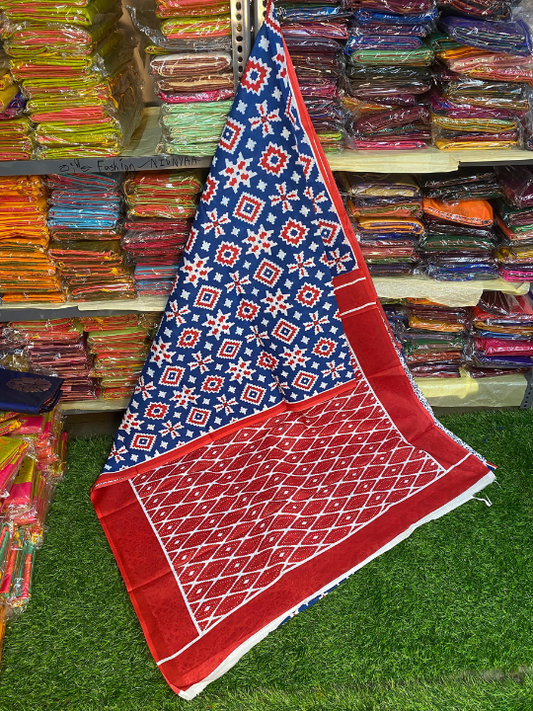 Jaipur Mul Mul Soft Cotton Saree (Blue & Red & White)