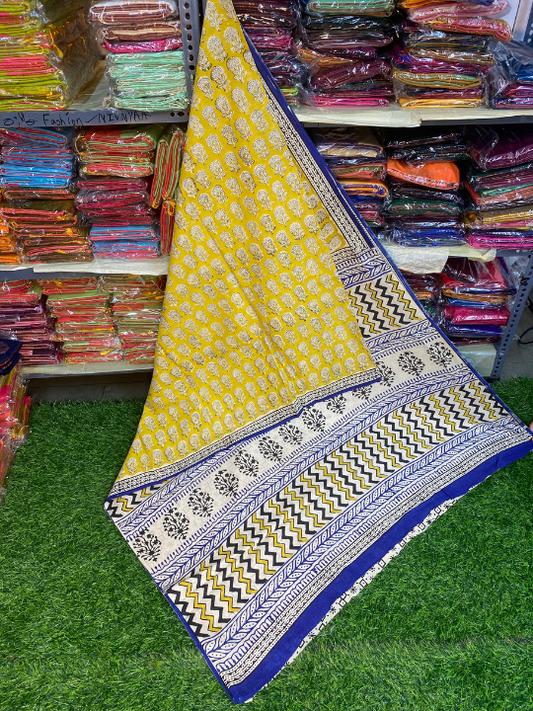 Jaipur Mul Mul Soft Cotton Saree (Yellow, Blue & White)