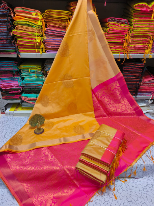 Kanjivaram Tissue Border Soft Silk Sarees (Yellow and Pink)