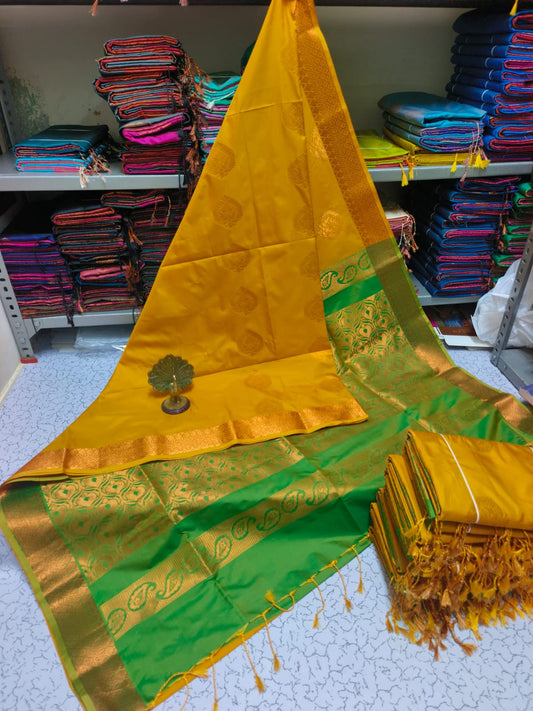 Kanjivaram Tissue Border Soft Silk Sarees (Mustard and Green)