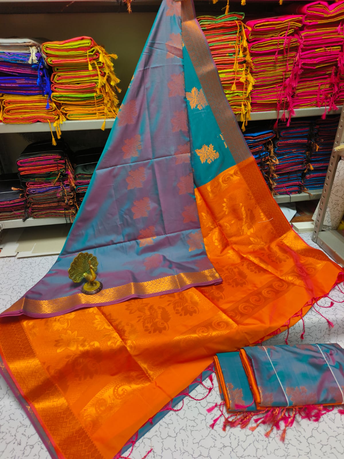 Kanjivaram Tissue Border Soft Silk Sarees (Orange and Sea Blue)