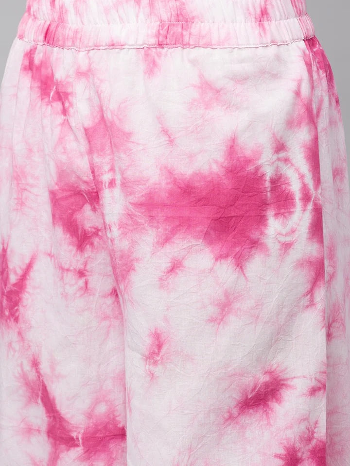 Pink Cotton Shirt Style Kurta Hem Cuffed Pant Set