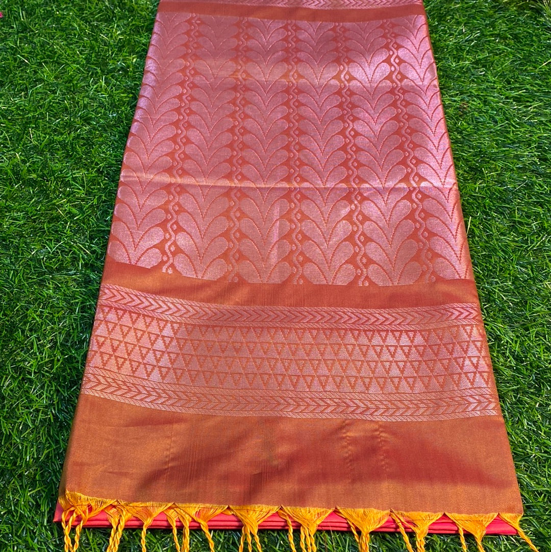 Kanjivaram Tissue Border Soft Silk Sarees (Orange and Brown Colour)