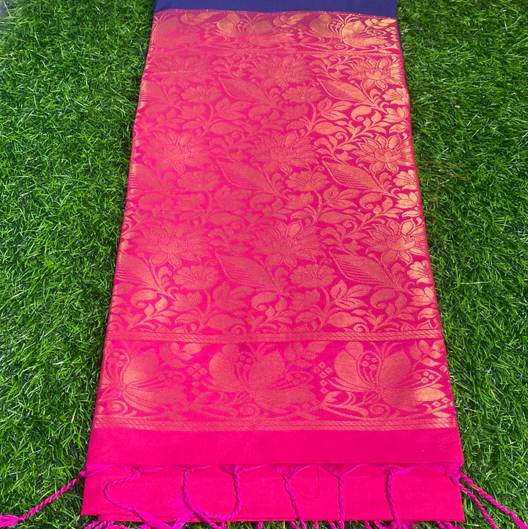 Kanjivaram Tissue Border Soft Silk Sarees (Blue and Pink Colour)