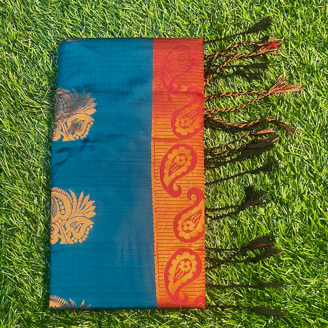 Kanjivaram Tissue Border Soft Silk Sarees (sea blue and maroon)