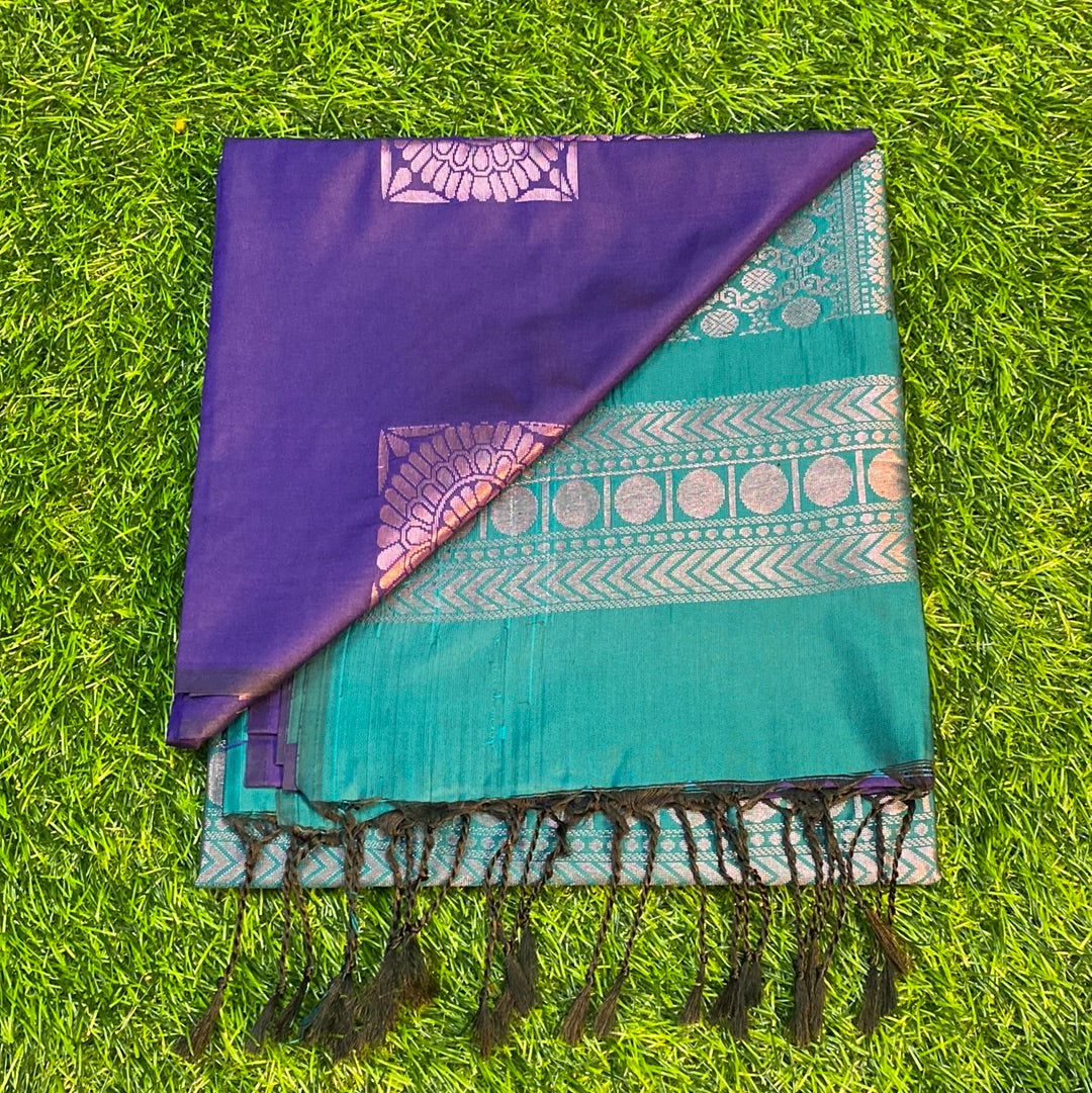 Kanjivaram Tissue Border Soft Silk Sarees (Purple and Sea Green Colour)