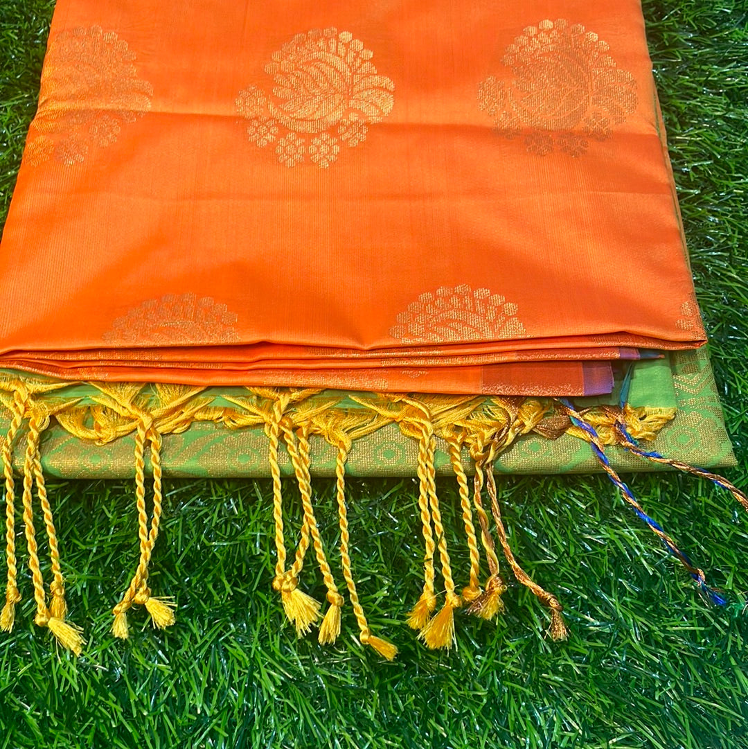 Kanjivaram Tissue Border Soft Silk Sarees (Green Orange)