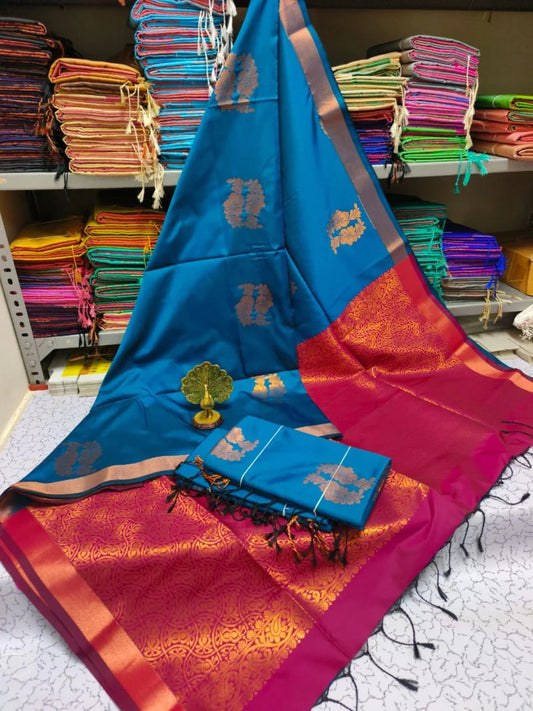 Kanjivaram Tissue Border Soft Silk Sarees (Blue and Maroon)