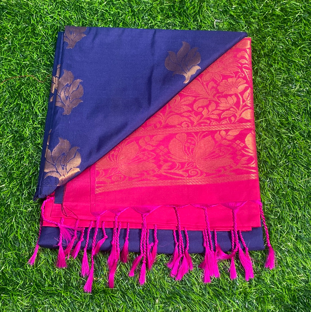 Kanjivaram Tissue Border Soft Silk Sarees (Blue and Pink Colour)