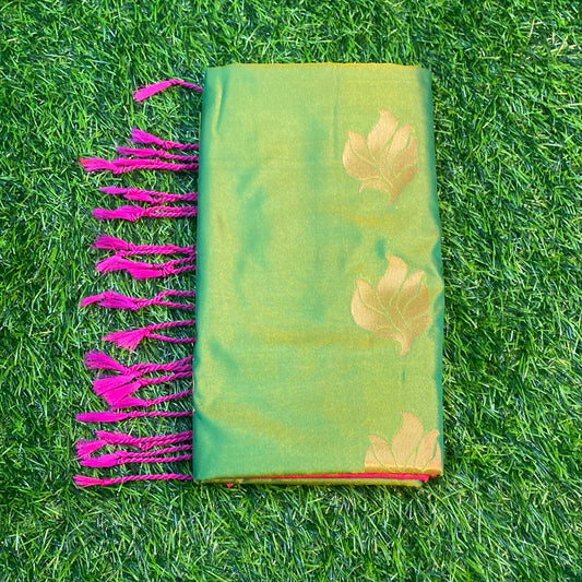 Kanjivaram Tissue Border Soft Silk Sarees (Green and Pink Colour)