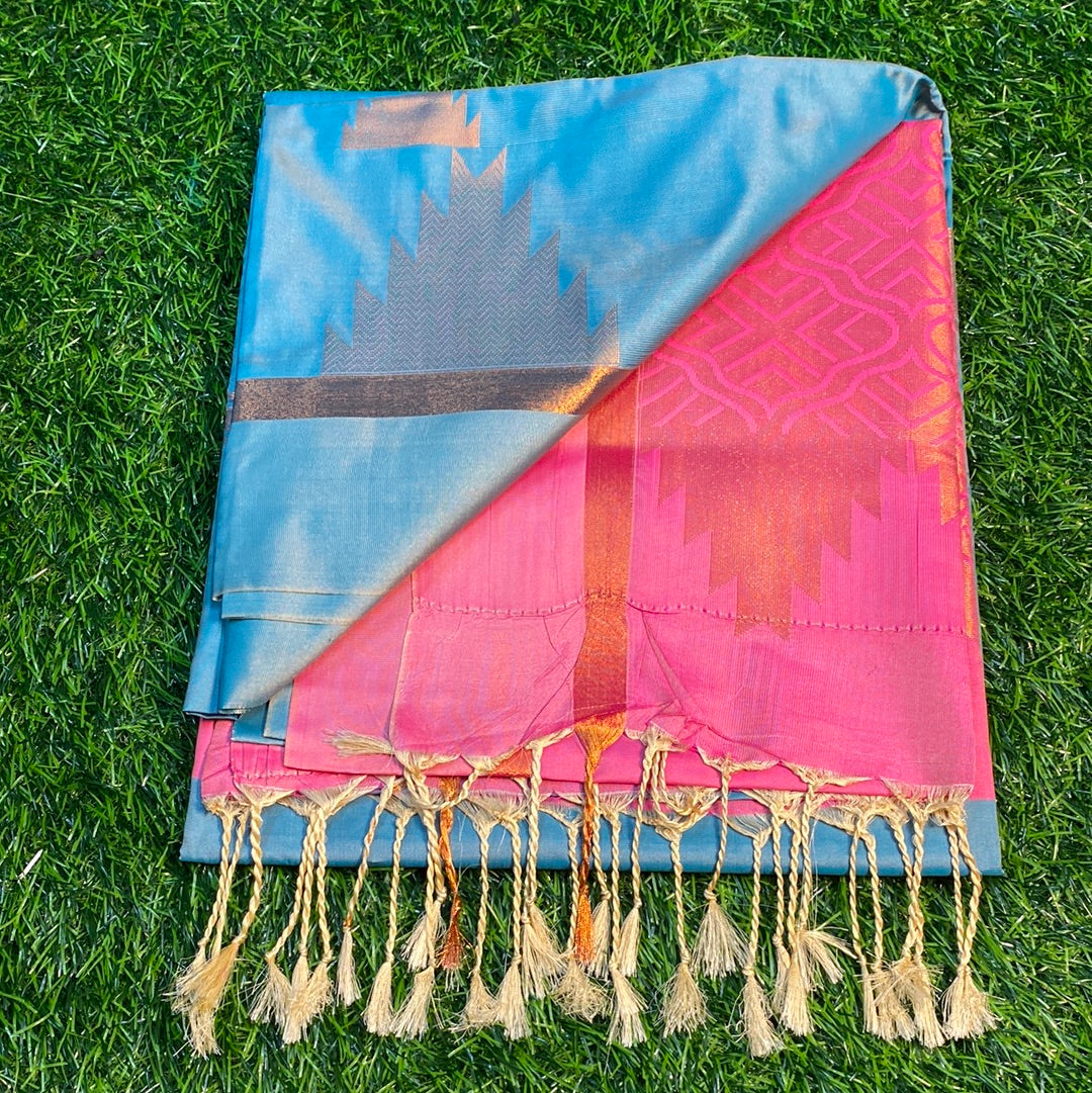Kanjivaram Tissue Border Soft Silk Sarees (Sea Blue and Pink Colour)