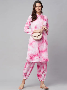 Pink Cotton Shirt Style Kurta Hem Cuffed Pant Set