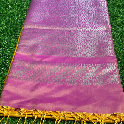 Kanjivaram Tissue Border Soft Silk Sarees (Mustard Yellow and Pink Colour)