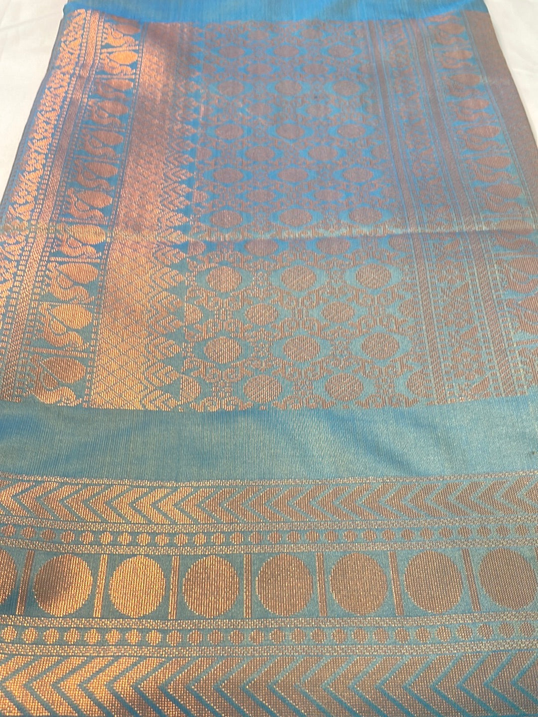 Kanjivaram Tissue Border Soft Silk Sarees (Musted Yellow and Sea Blue Colour)