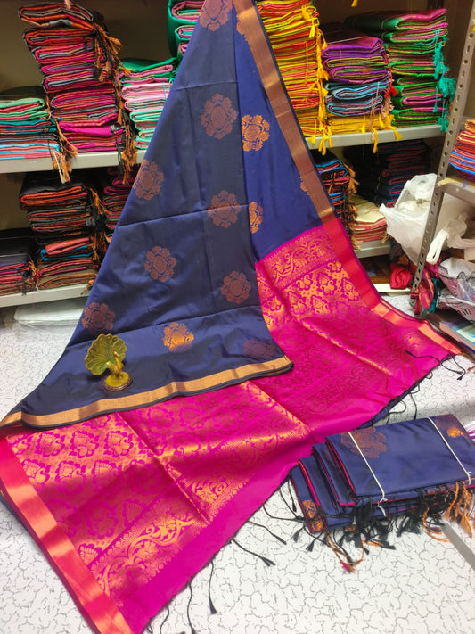 Kanjivaram Tissue Border Soft Silk Sarees (Navy Blue and Pink)
