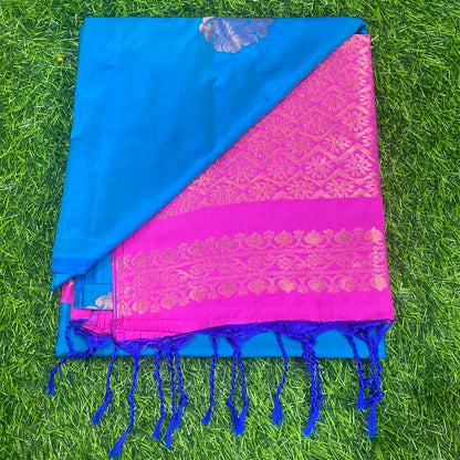 Kanjivaram Tissue Border Soft Silk Sarees (Teal and Pink Colour)