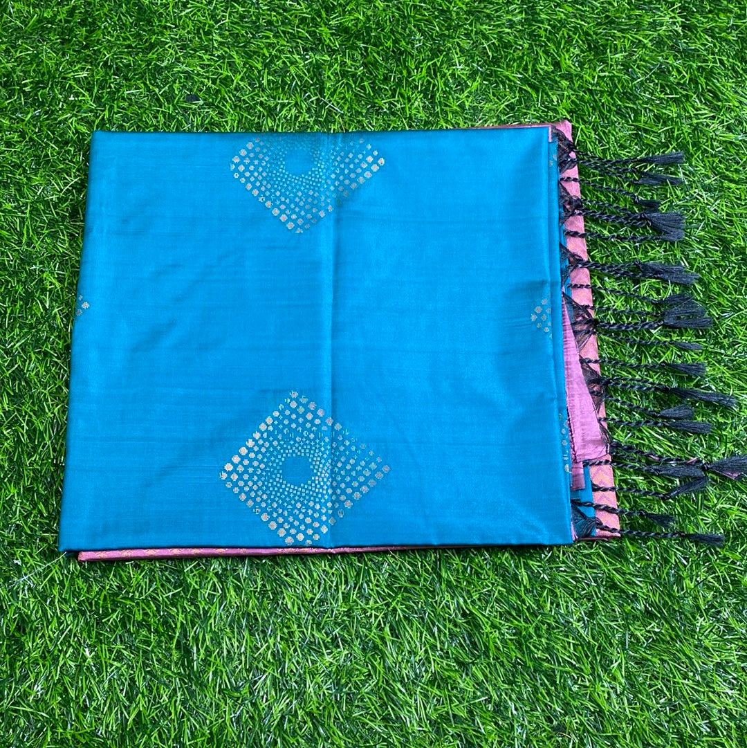 Kanjivaram Tissue Border Soft Silk Sarees (Teal and Peach Colour)