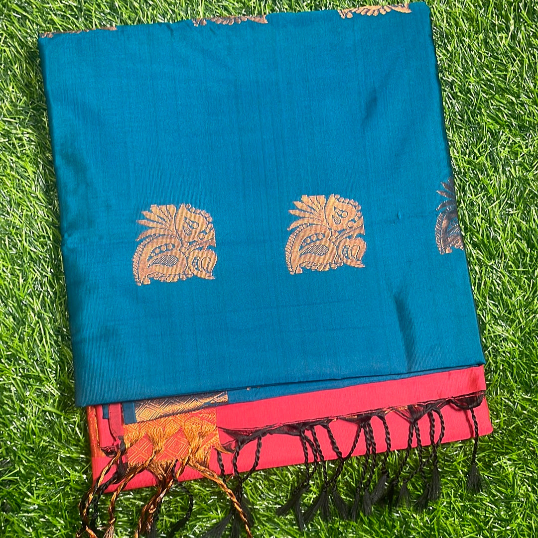 Kanjivaram Tissue Border Soft Silk Sarees (sea green and red)