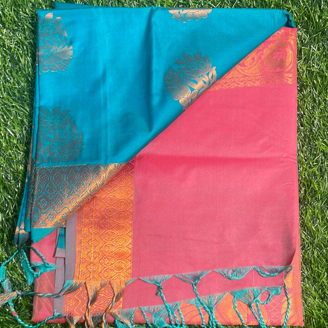 Kanjivaram Tissue Border Soft Silk Sarees (Sea Blue and Pink)