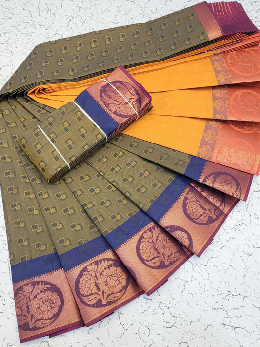 3D embossed silk sarees with contrast pallu (Musterd)