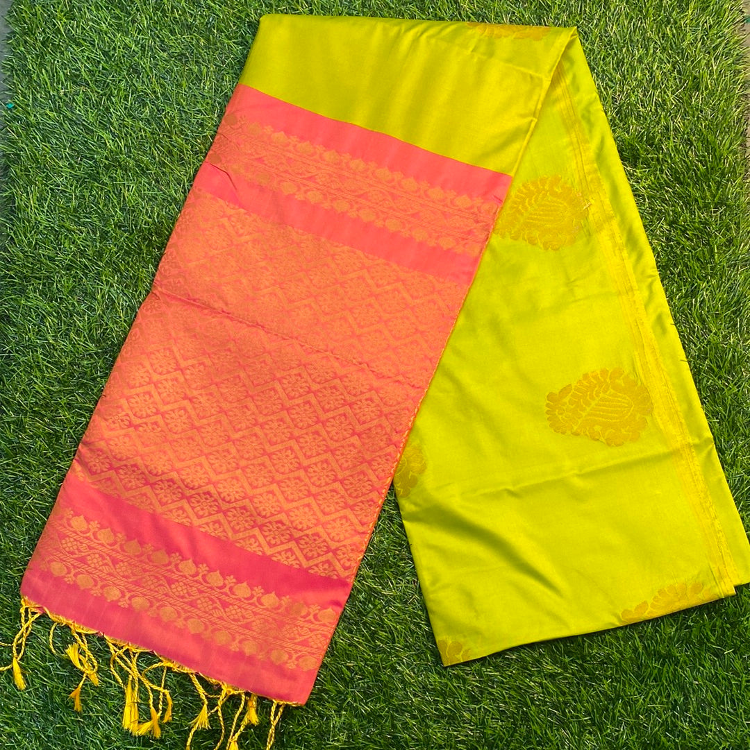Kanjivaram Tissue Border Soft Silk Sarees (Lime Green and Pink)