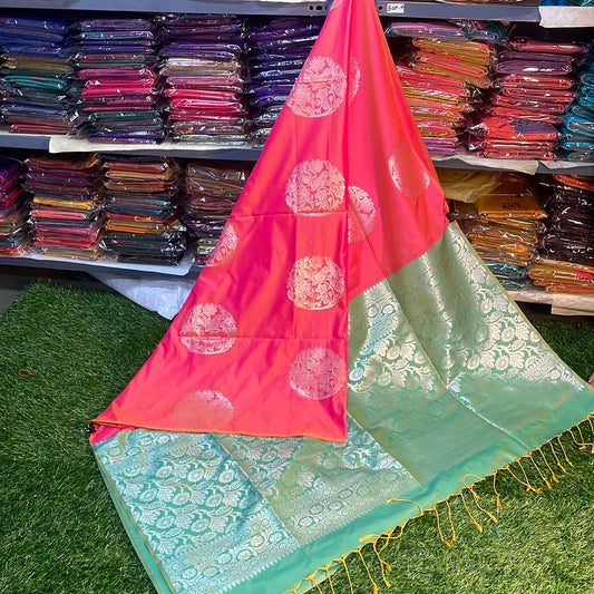 Kanjivaram Tissue Border Soft Silk Sarees (Orange and Sea Green Colour)