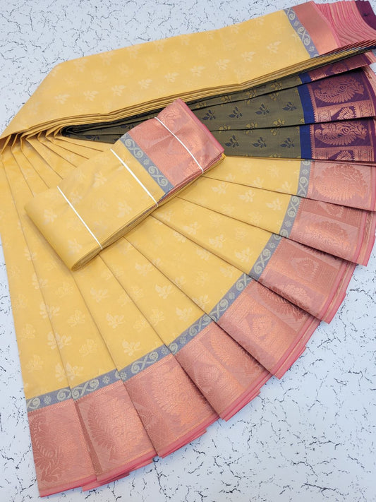 3D embossed silk sarees with contrast pallu (Light Yellow & Peach)